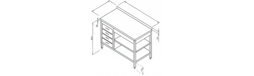 Masa inox centrala cu 2 polite inferioare si corp cu 4 sertare